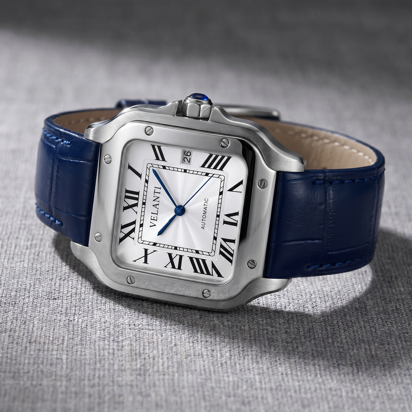 Santos-style custom automatic watch, Velanti Milano Santvel White Blue Leather, bracelet detail photo