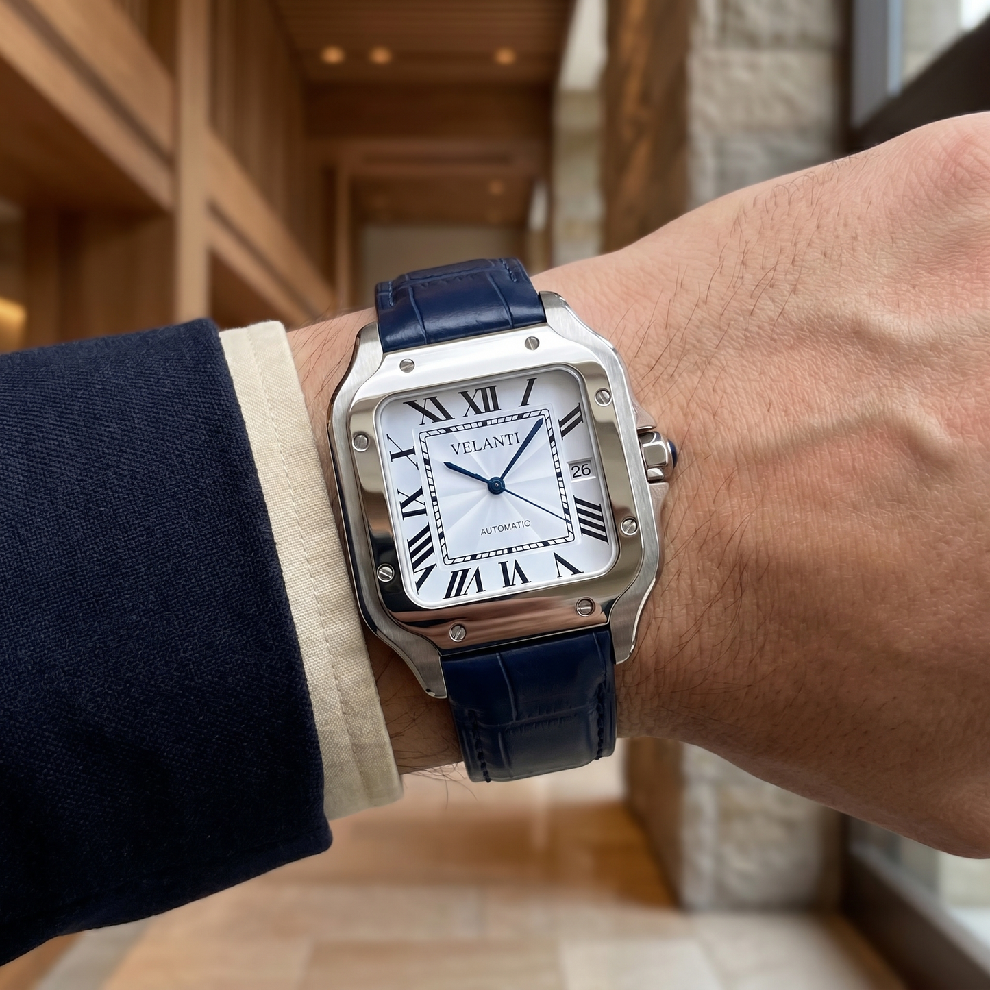 Santos-style custom mod watch, Velanti Milano Santvel White Blue Leather, product photo 8