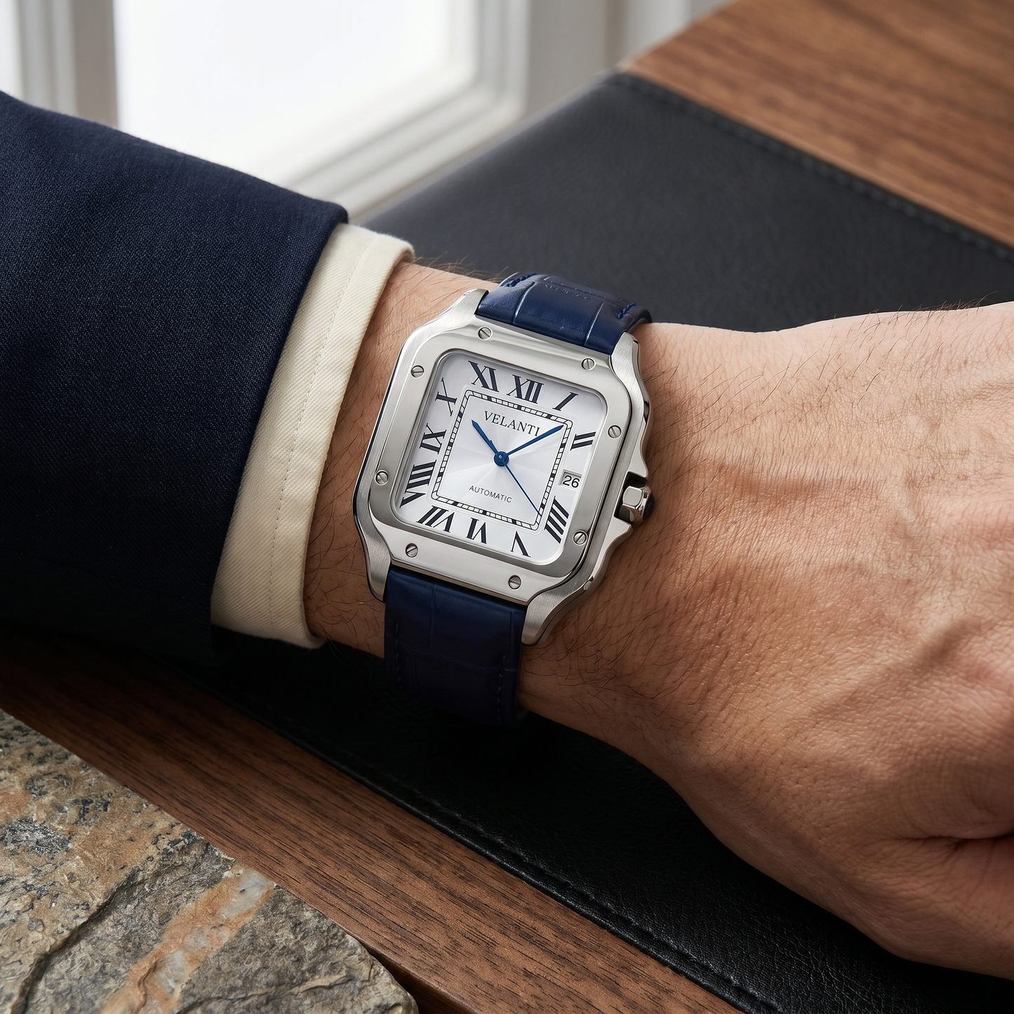 Santos-style custom mod watch, Velanti Milano Santvel White Blue Leather worn on wrist photo 11
