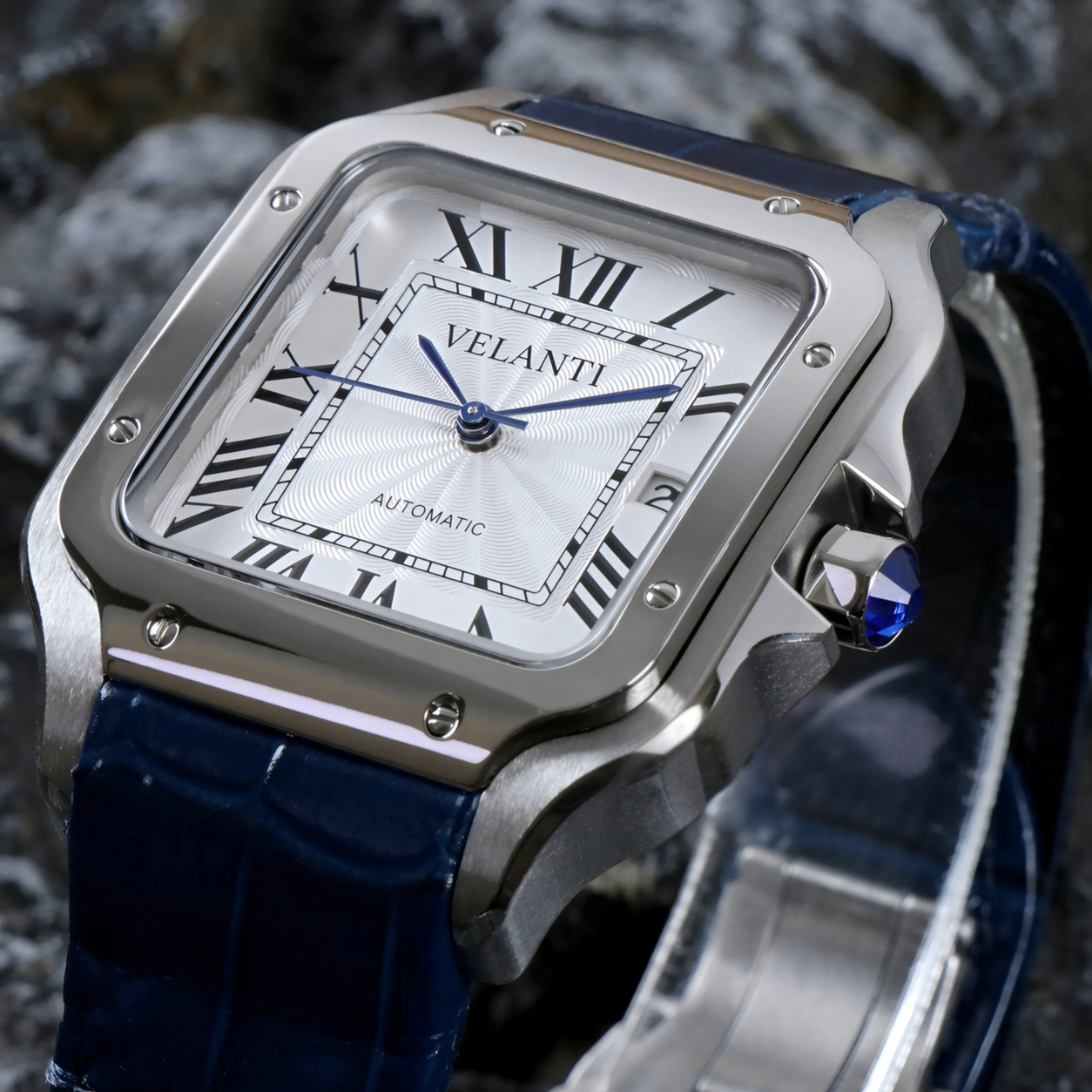 Santos-style custom mod watch, Velanti Milano Santvel White Blue Leather, product photo 4