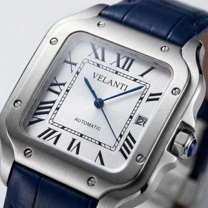 Santos-style custom mod watch, Velanti Milano Santvel White Blue Leather, product photo 2