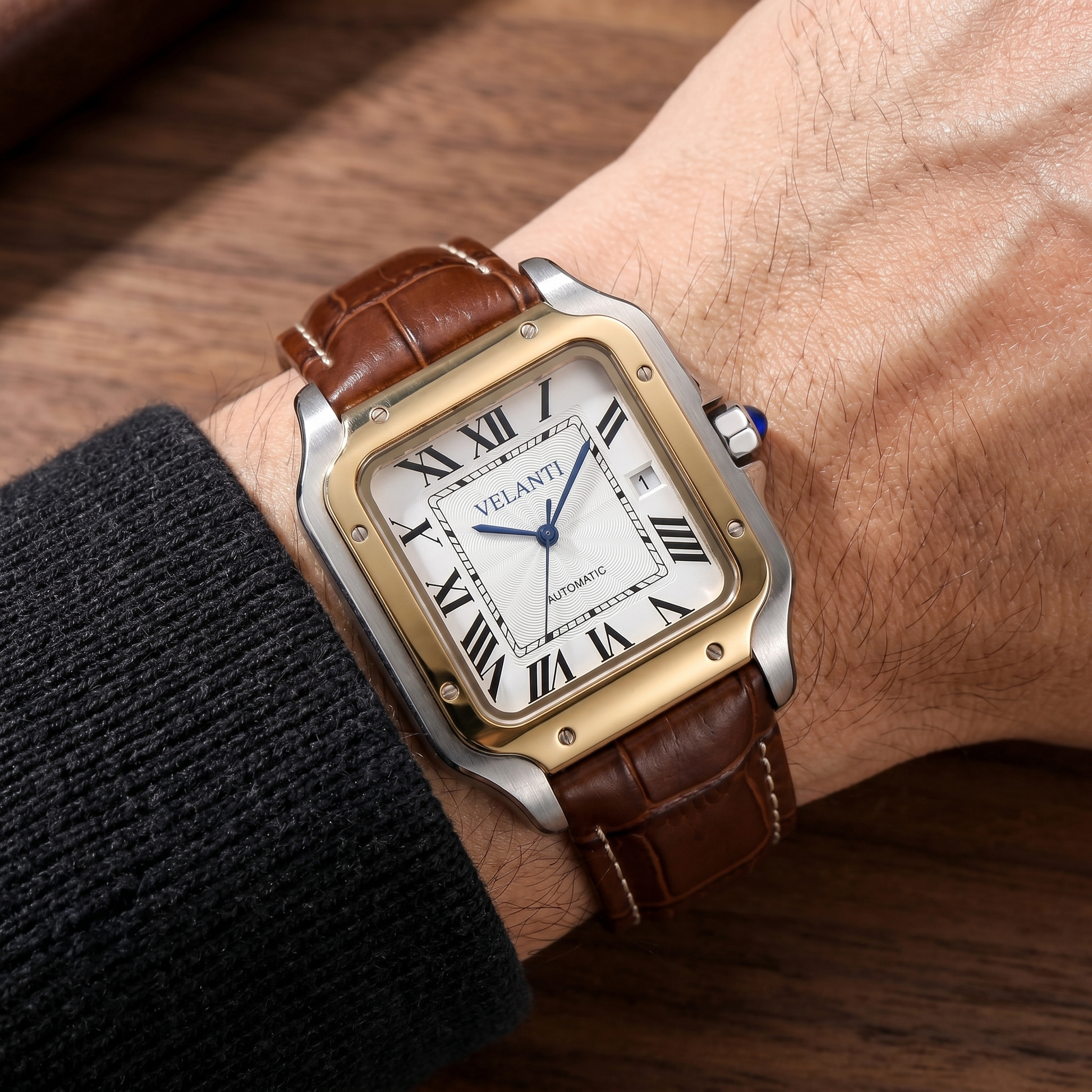Santos-style custom mod watch, Velanti Milano Santvel White Brown Leather worn on wrist photo 7