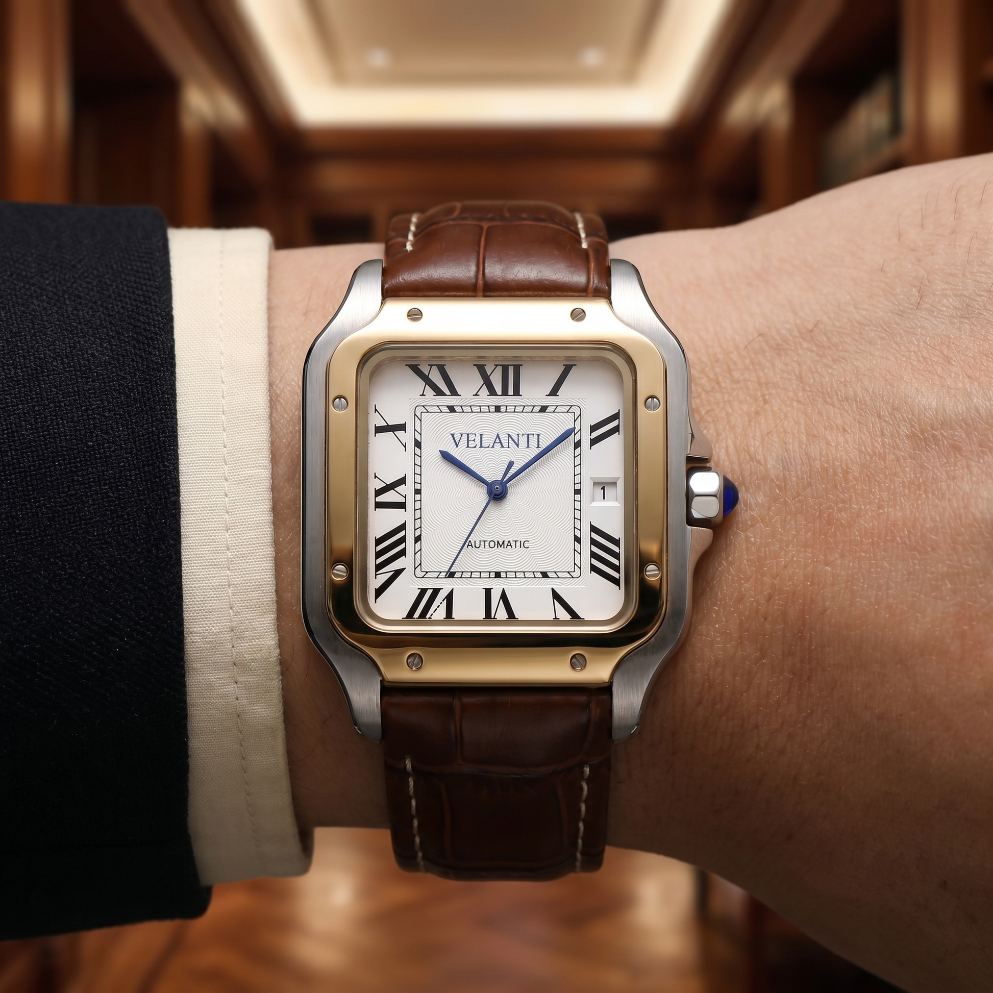 Santos-style custom mod watch, Velanti Milano Santvel White Brown Leather, product photo 9