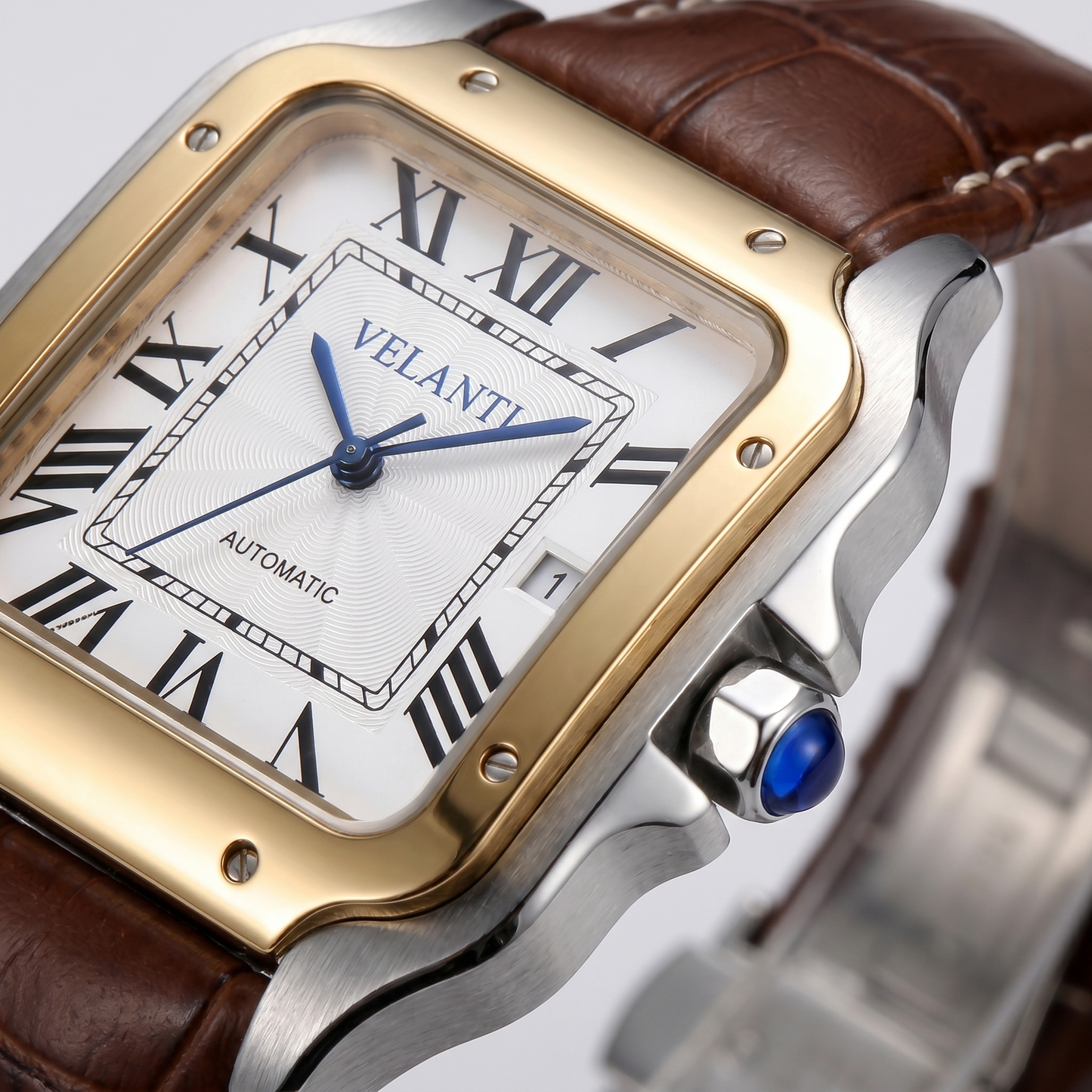 Santos-style custom automatic watch, Velanti Milano Santvel White Brown Leather, watch detail photo