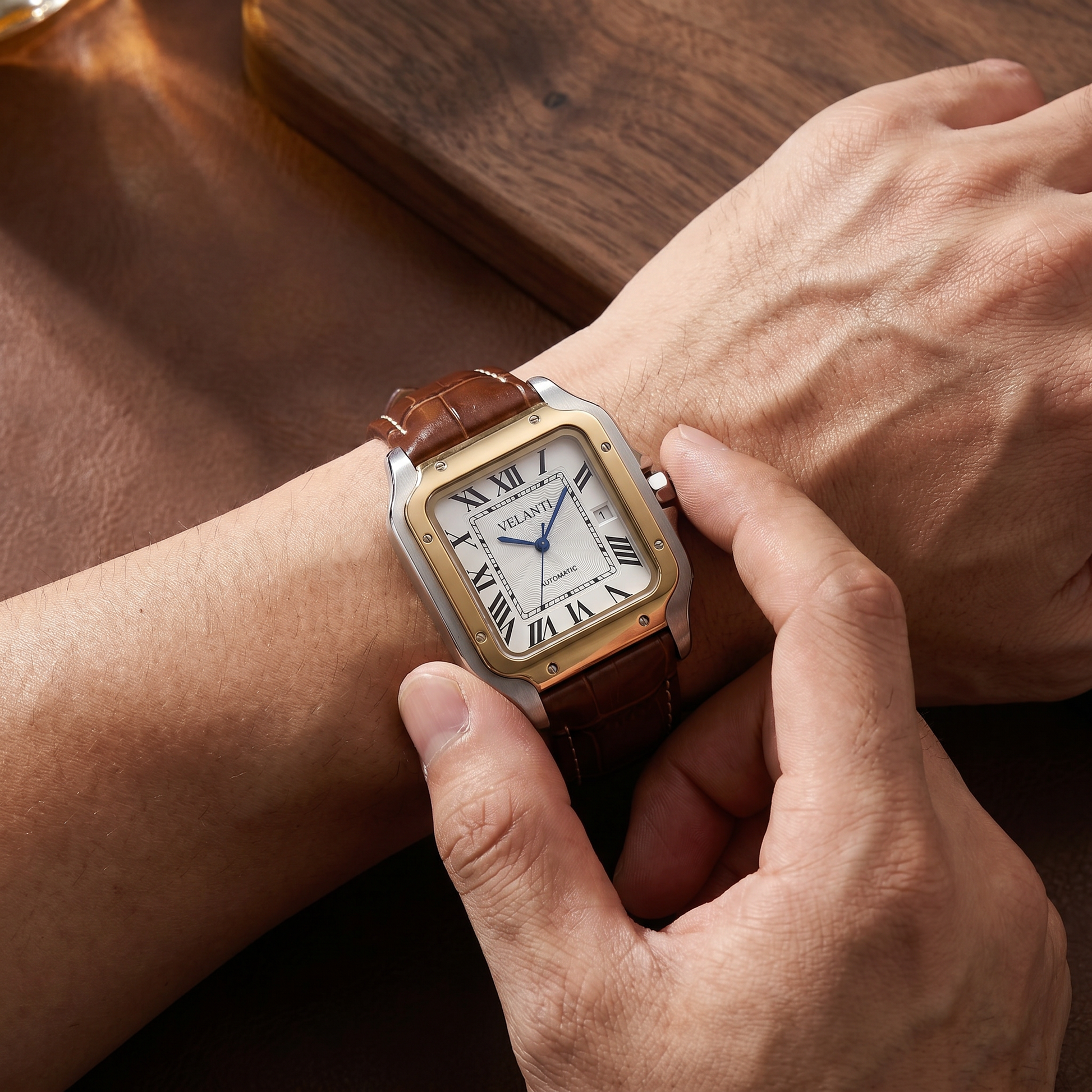 Santos-style custom mod watch, Velanti Milano Santvel White Brown Leather worn on wrist photo 11