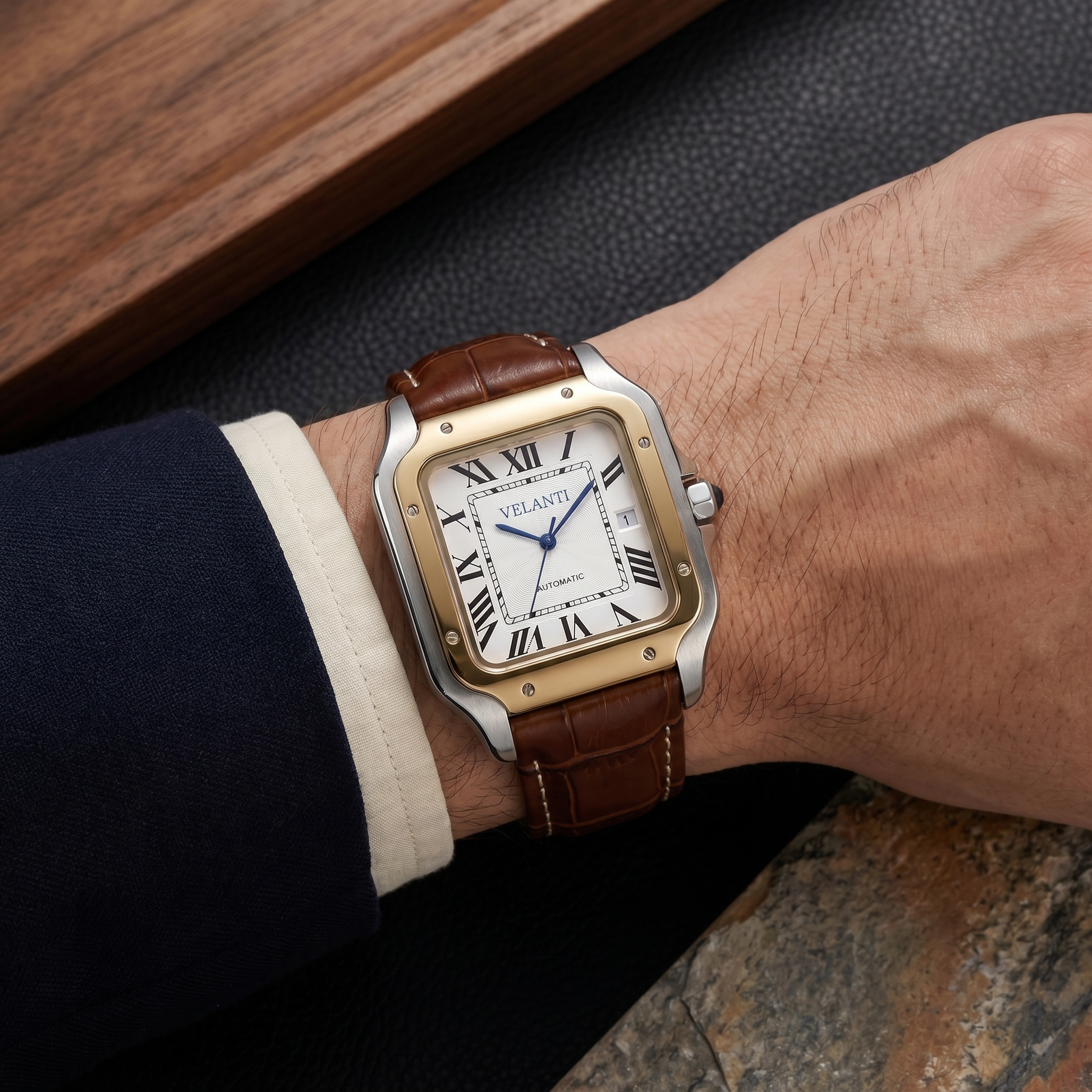 Santos-style custom mod watch, Velanti Milano Santvel White Brown Leather worn on wrist photo 12
