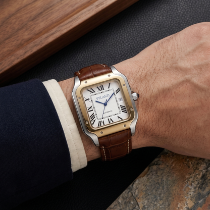 Santos-style custom mod watch, Velanti Milano Santvel White Brown Leather worn on wrist photo 12