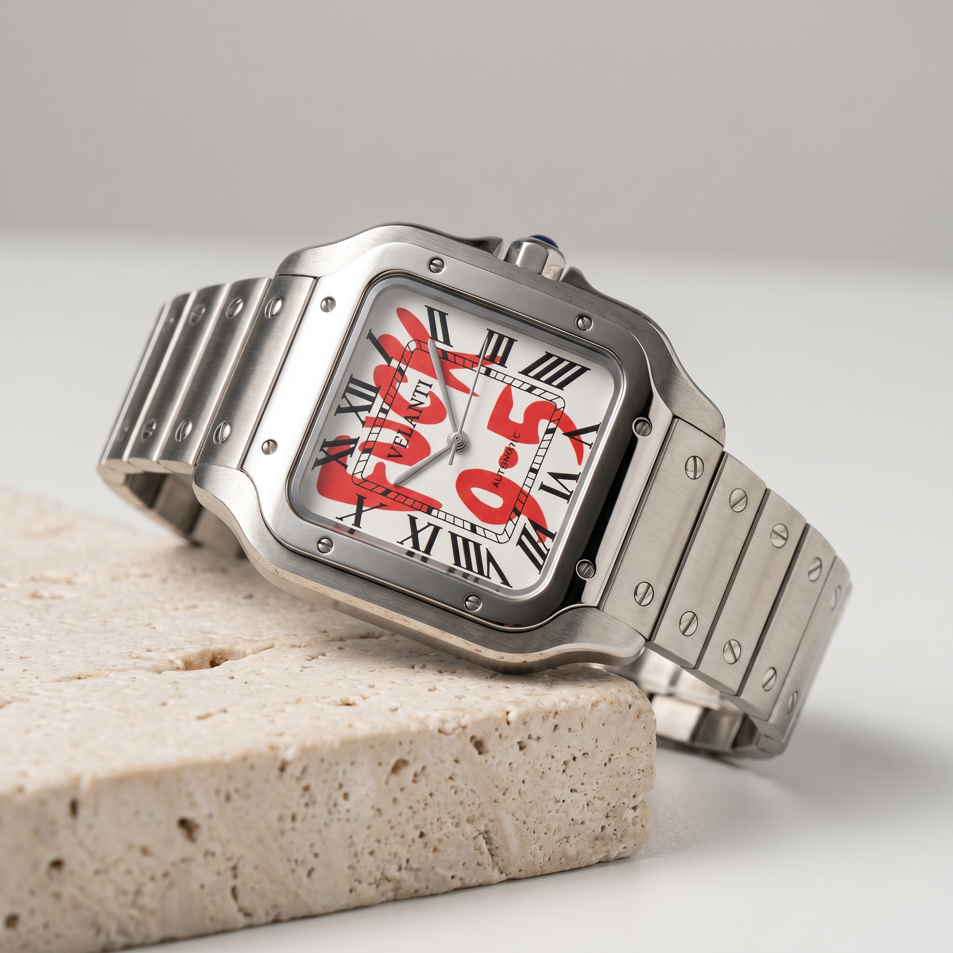 Santos-style custom mod watch, Velanti Milano Santvel White Fck 9 To 5, product photo 2