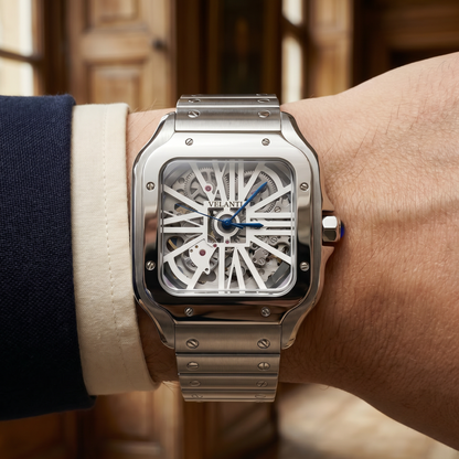 Santos-style automatic watch, Velanti Milano Santvel White Skeleton, product photo 6