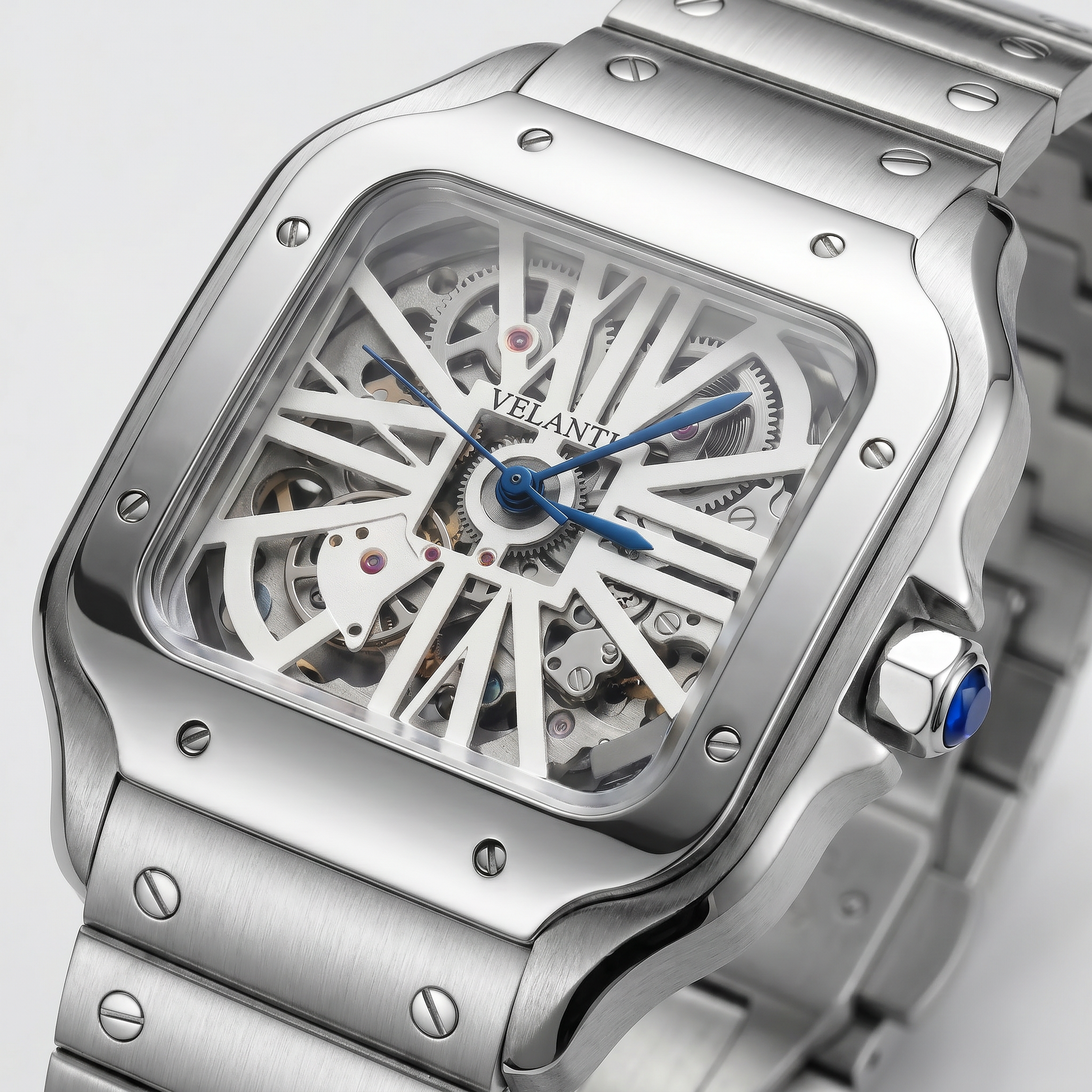 Santos-style automatic watch, Velanti Milano Santvel White Skeleton, watch detail photo 8