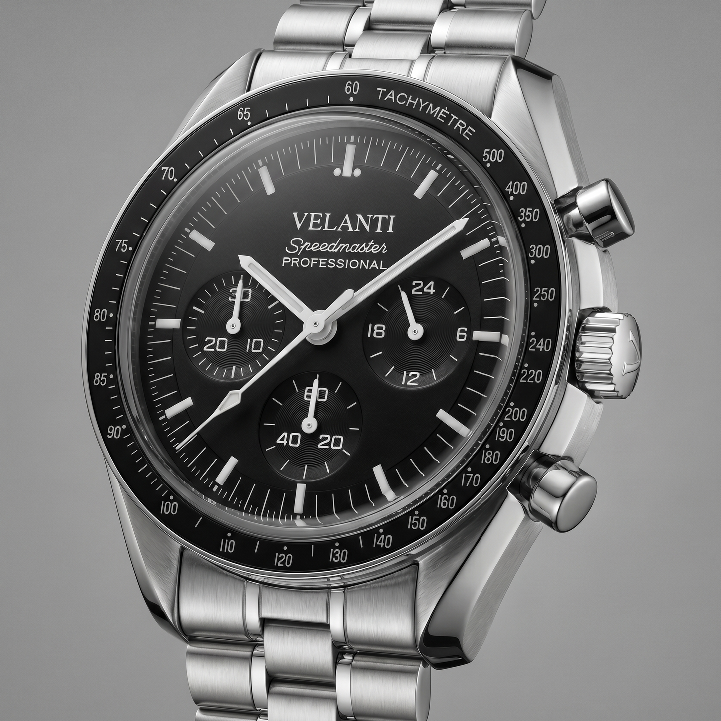 Speedmaster-style custom chronograph watch, Velanti Milano Speedvel Black, watch detail photo 9