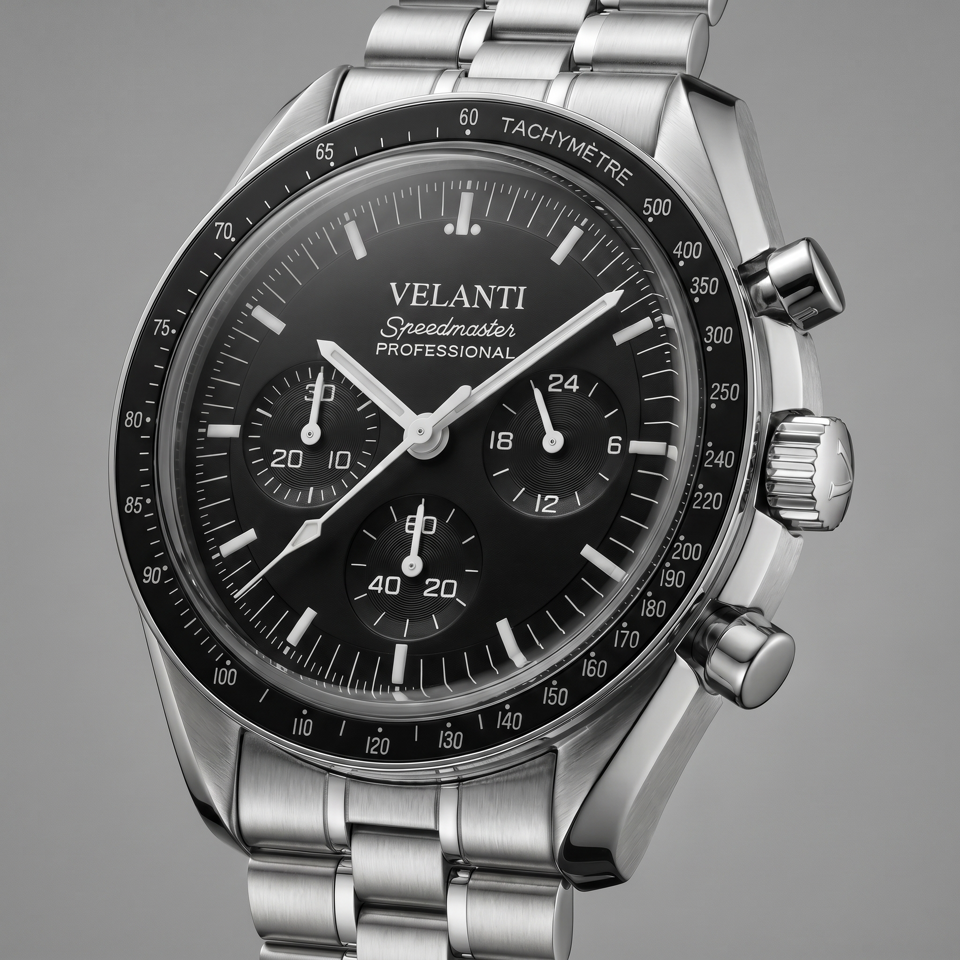 Speedmaster-style custom chronograph watch, Velanti Milano Speedvel Black, watch detail photo 9