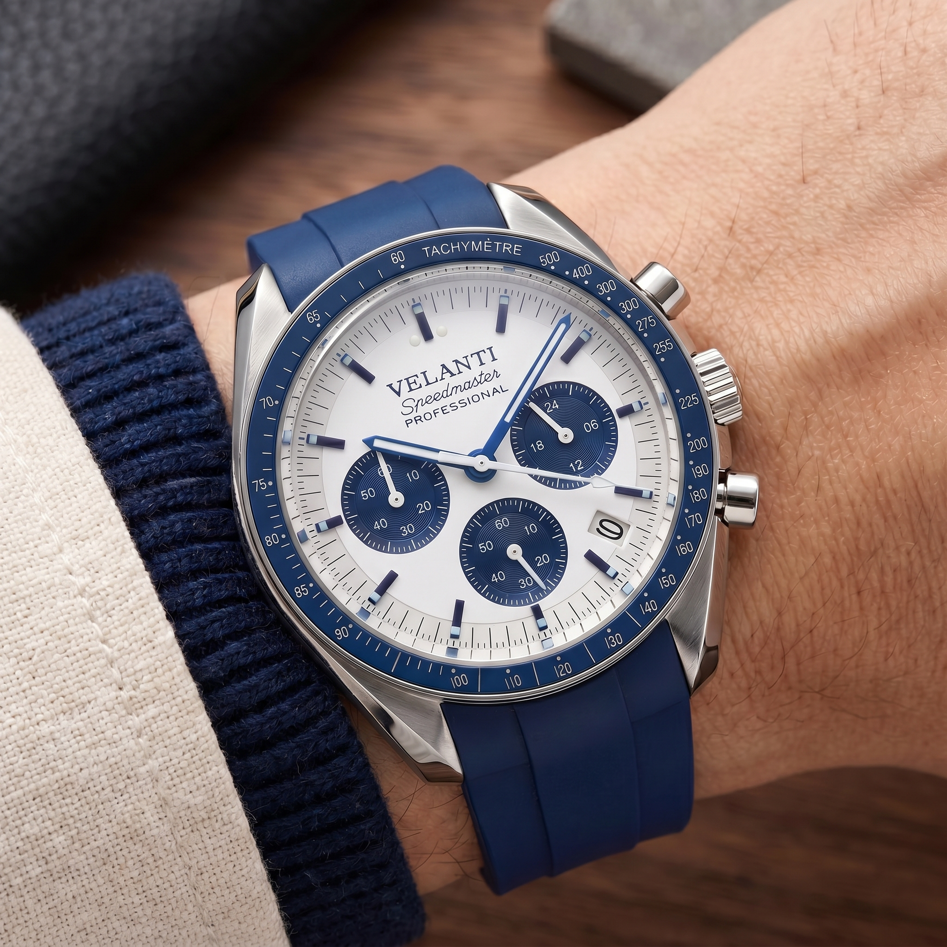 Speedmaster-Style Mod Watch — Snoopy Blue | Custom Hybrid Quartz