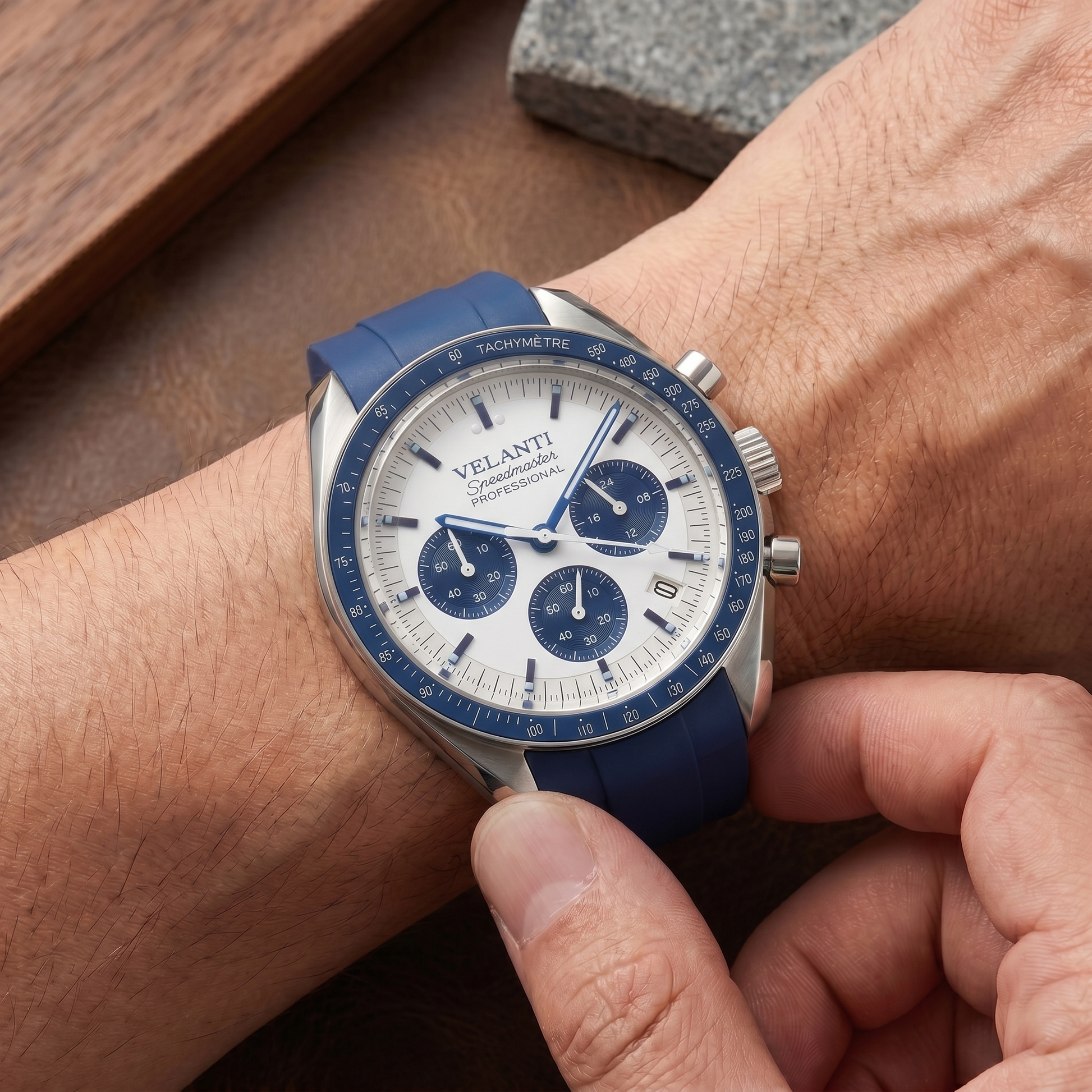 Speedmaster-Style Mod Watch — Snoopy Blue | Custom Hybrid Quartz