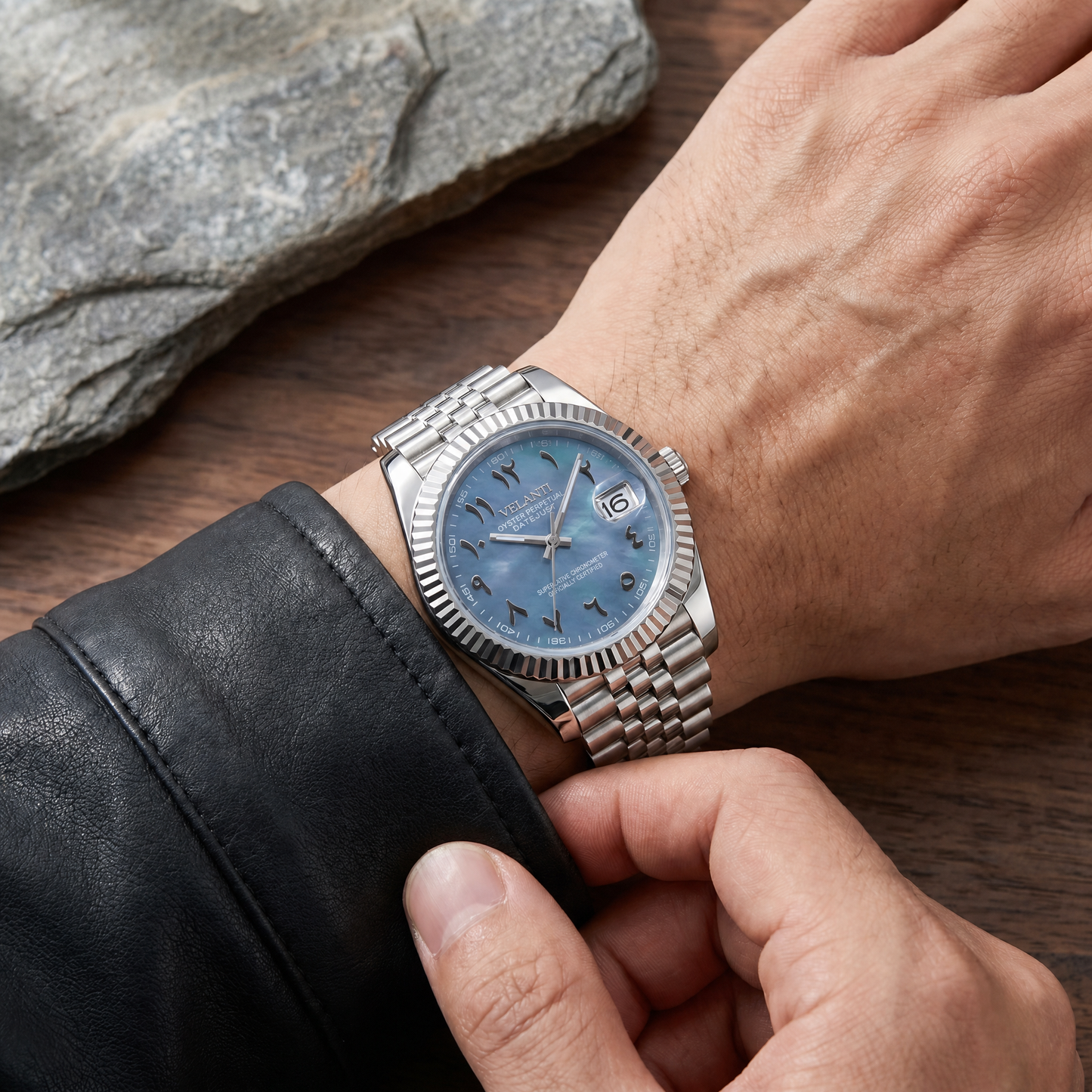 Datejust-style automatic watch, Velanti Milano Veljust Arabic Cosmos, on-wrist photo