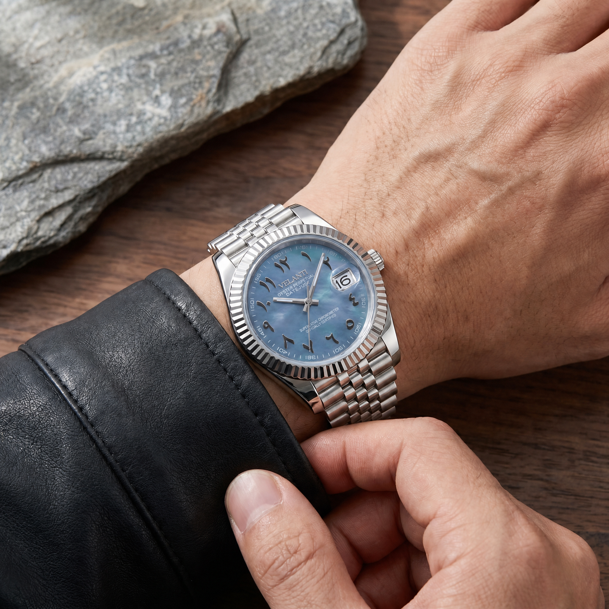 Datejust-style automatic watch, Velanti Milano Veljust Arabic Cosmos, on-wrist photo