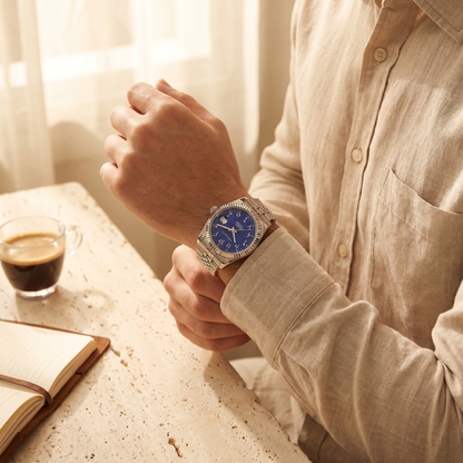 Datejust-style automatic watch, Velanti Milano Veljust Arabic Royal Blue, on-wrist photo