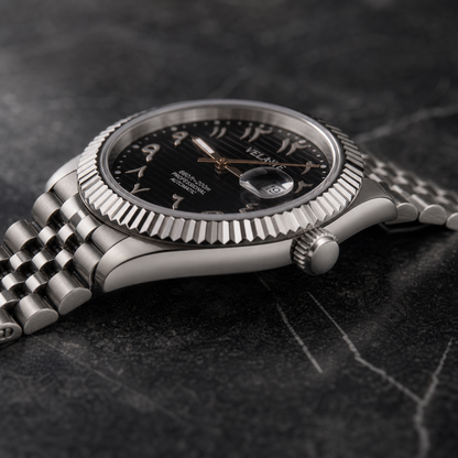 Datejust-style custom automatic watch, Velanti Milano Veljust Black Arabic, side profile photo