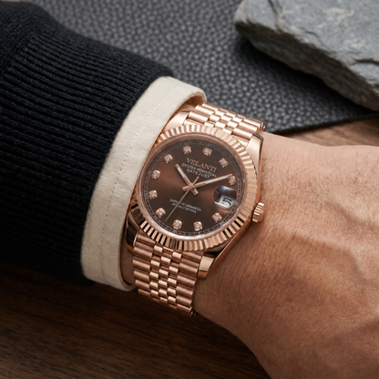 Datejust-style custom mod watch, Velanti Milano Veljust Chocolate Crystals Rose Gold, product photo 7