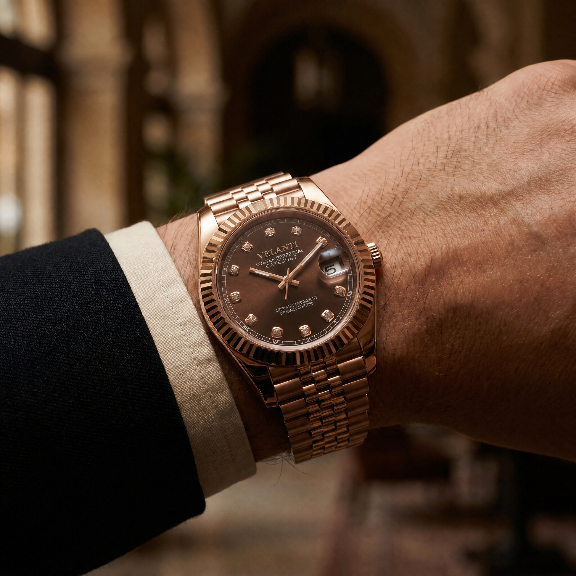Datejust-style custom mod watch, Velanti Milano Veljust Chocolate Crystals Rose Gold, product photo 8