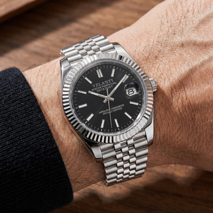 Datejust-style automatic watch, Velanti Milano Veljust Classic Black, on-wrist photo