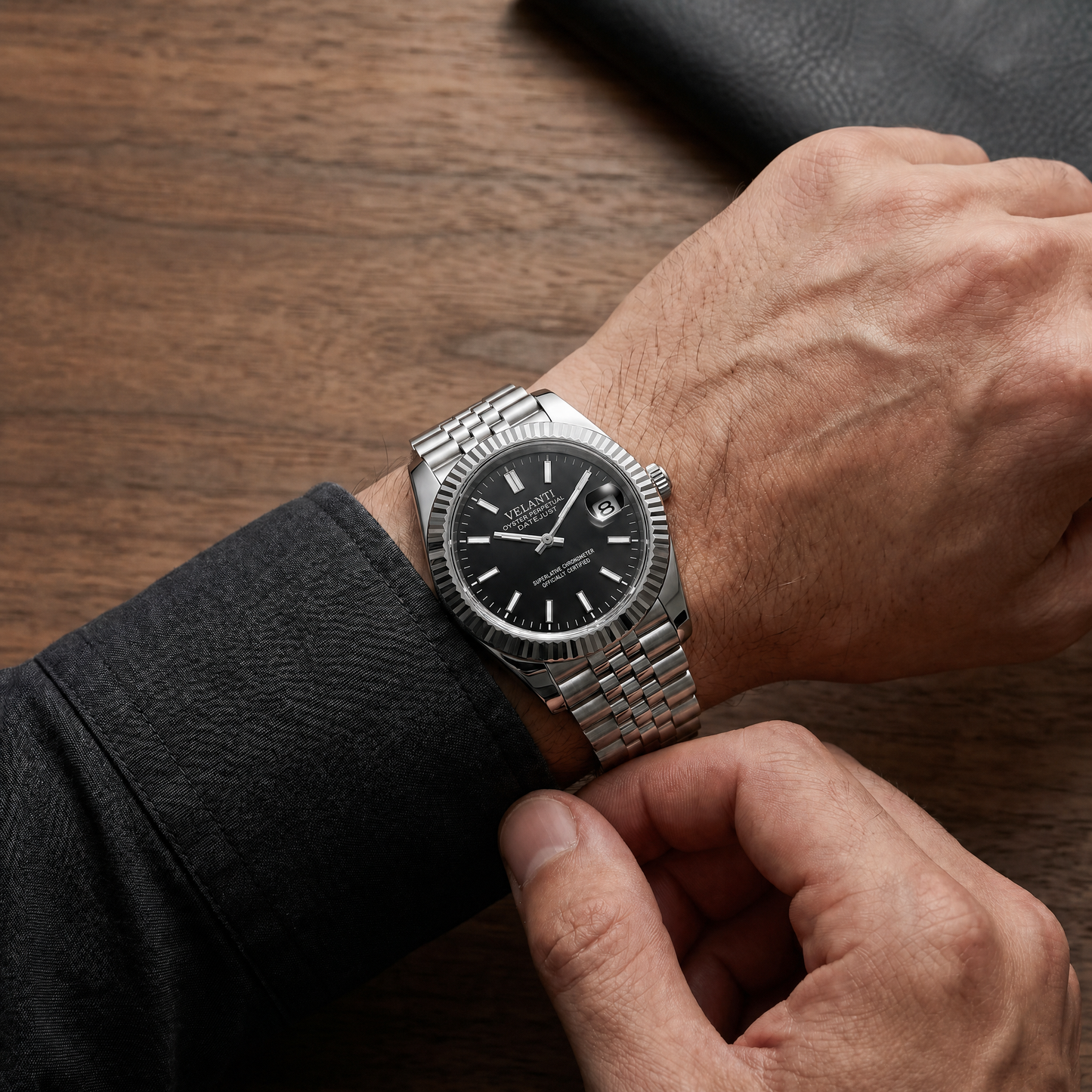 Datejust-style automatic watch, Velanti Milano Veljust Classic Black, on-wrist photo