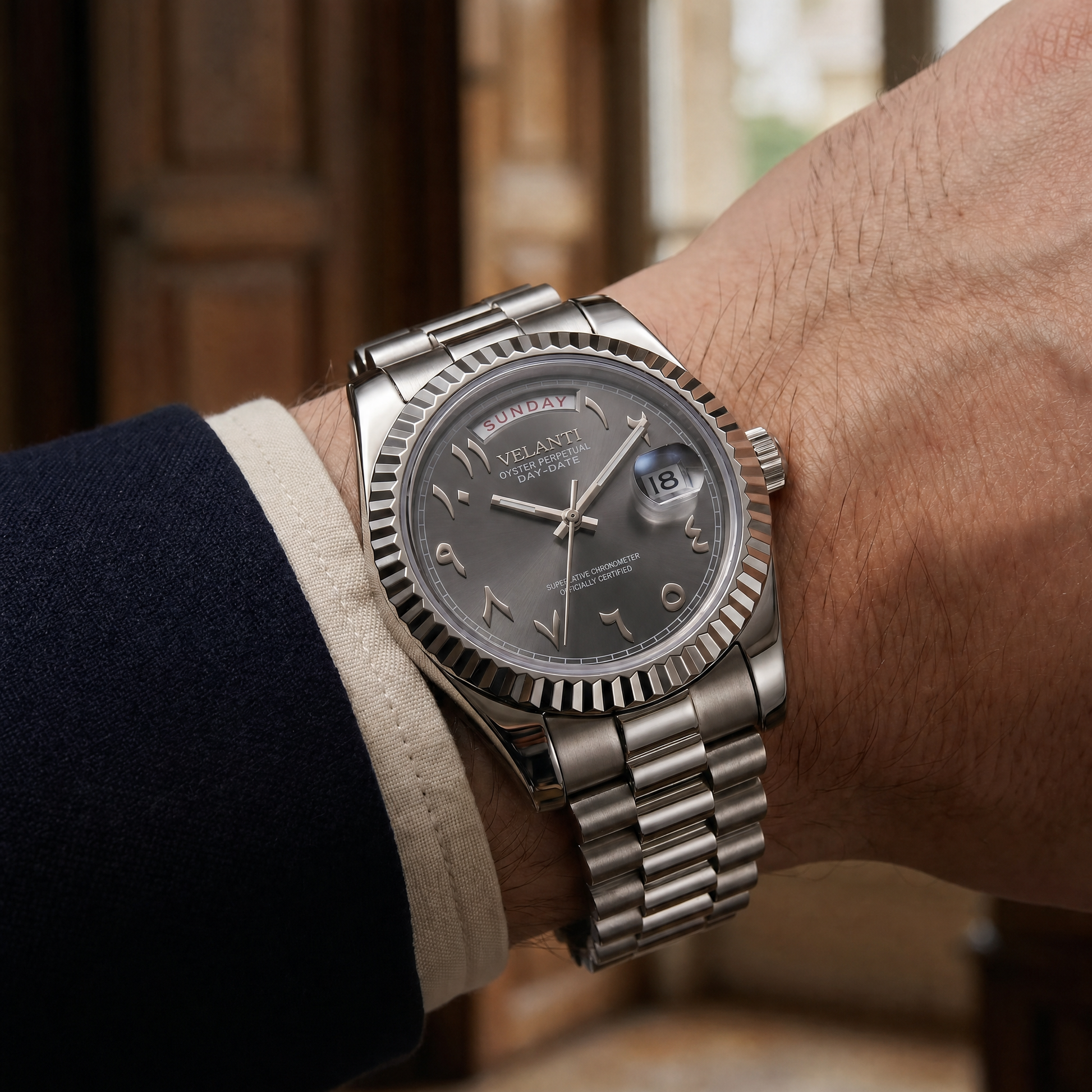 Datejust-style automatic watch, Velanti Milano Veljust Daydate Arabic Deep Grey, product photo 4