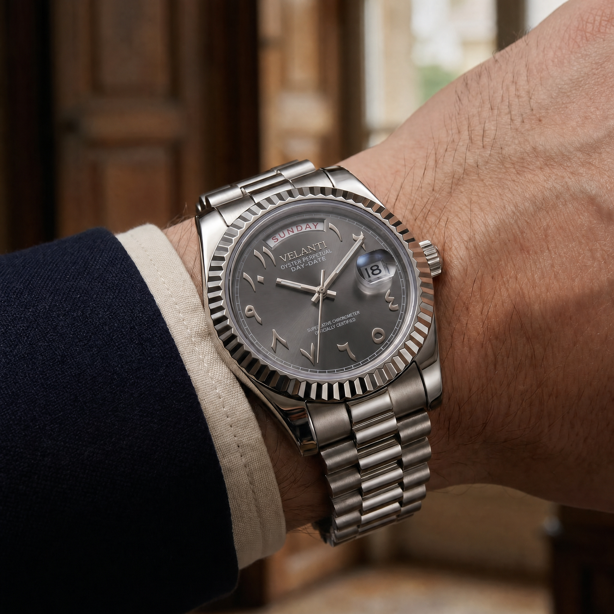Datejust-style automatic watch, Velanti Milano Veljust Daydate Arabic Deep Grey, product photo 4