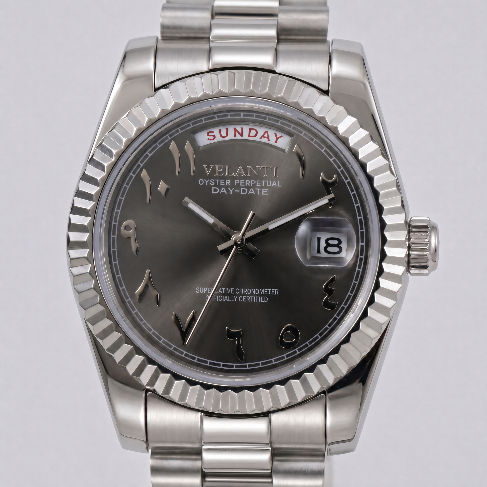 Datejust-style automatic watch, Velanti Milano Veljust Daydate Arabic Deep Grey, watch detail photo
