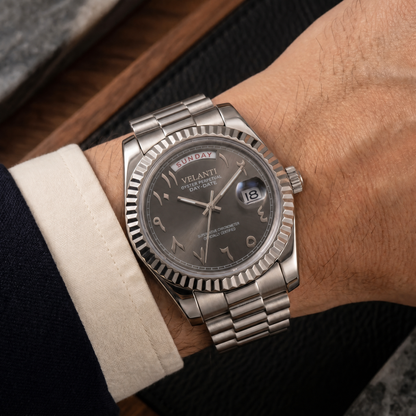 Datejust-style automatic watch, Velanti Milano Veljust Daydate Arabic Deep Grey, on-wrist photo