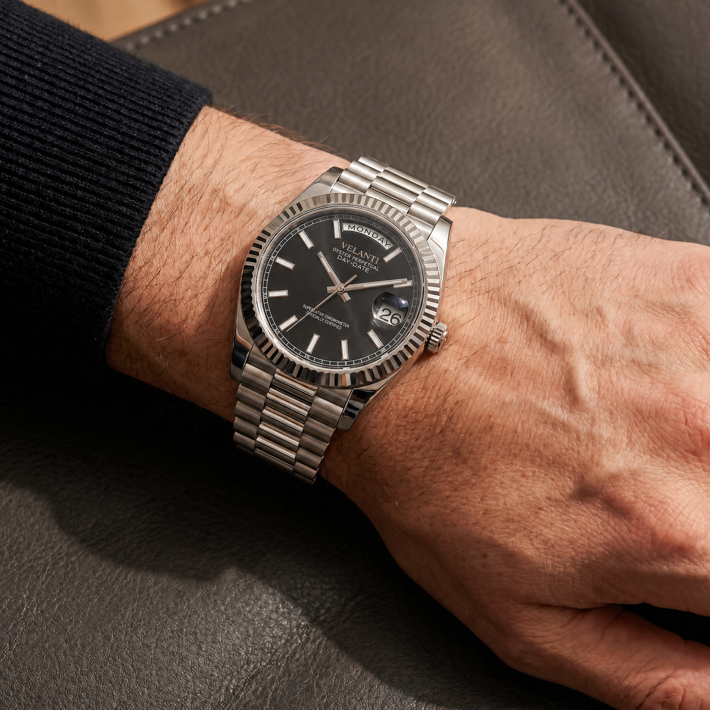 Datejust-style automatic watch, Velanti Milano Veljust Daydate Classic Black, on-wrist photo