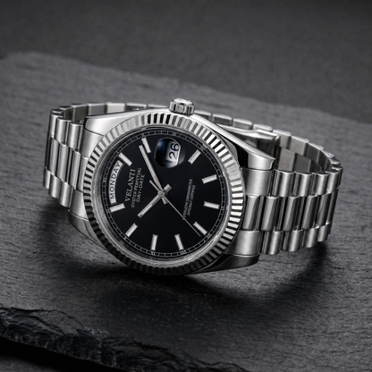 Datejust-style custom automatic watch, Velanti Milano Veljust Daydate Classic Black, bracelet detail photo