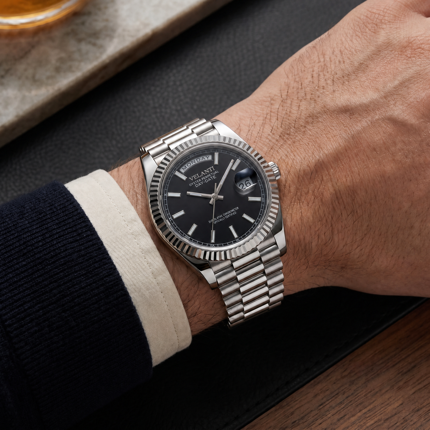Datejust-style automatic watch, Velanti Milano Veljust Daydate Classic Black, on-wrist photo