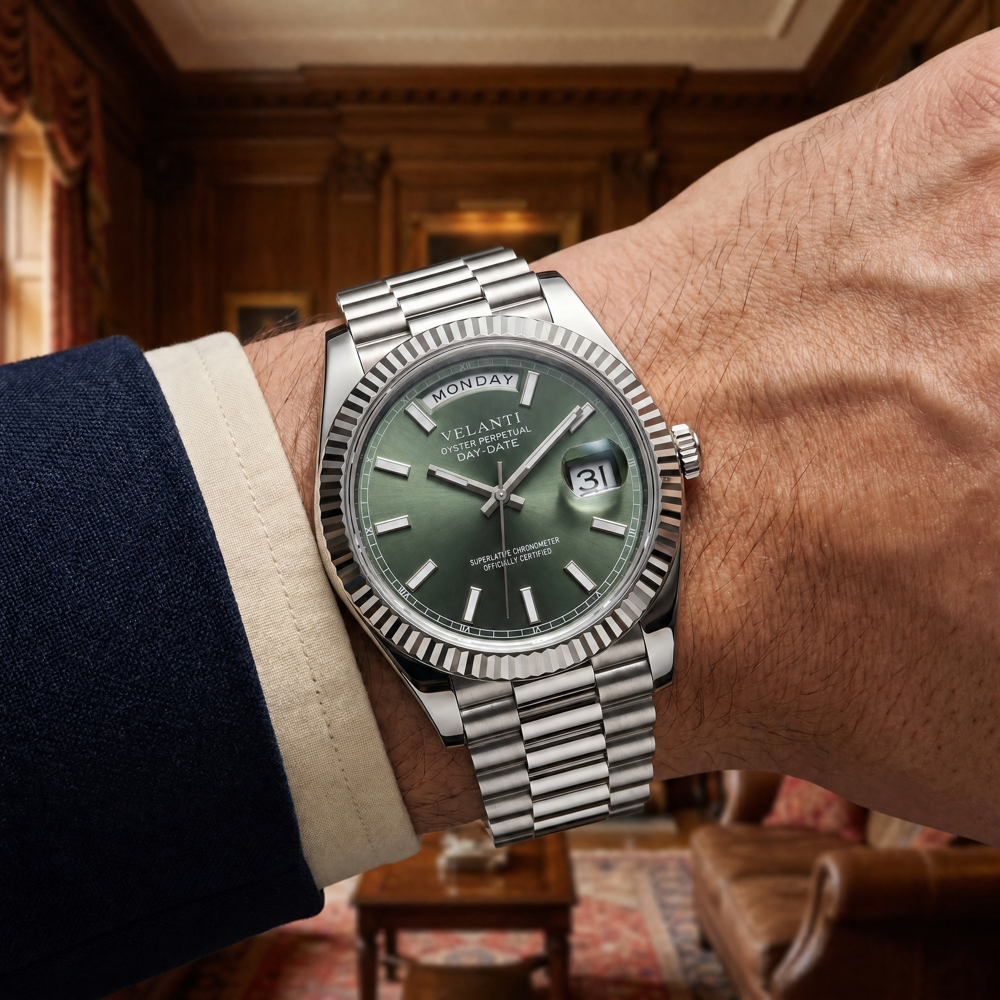 Datejust-style automatic watch, Velanti Milano Veljust Daydate Mint Green, product photo 5