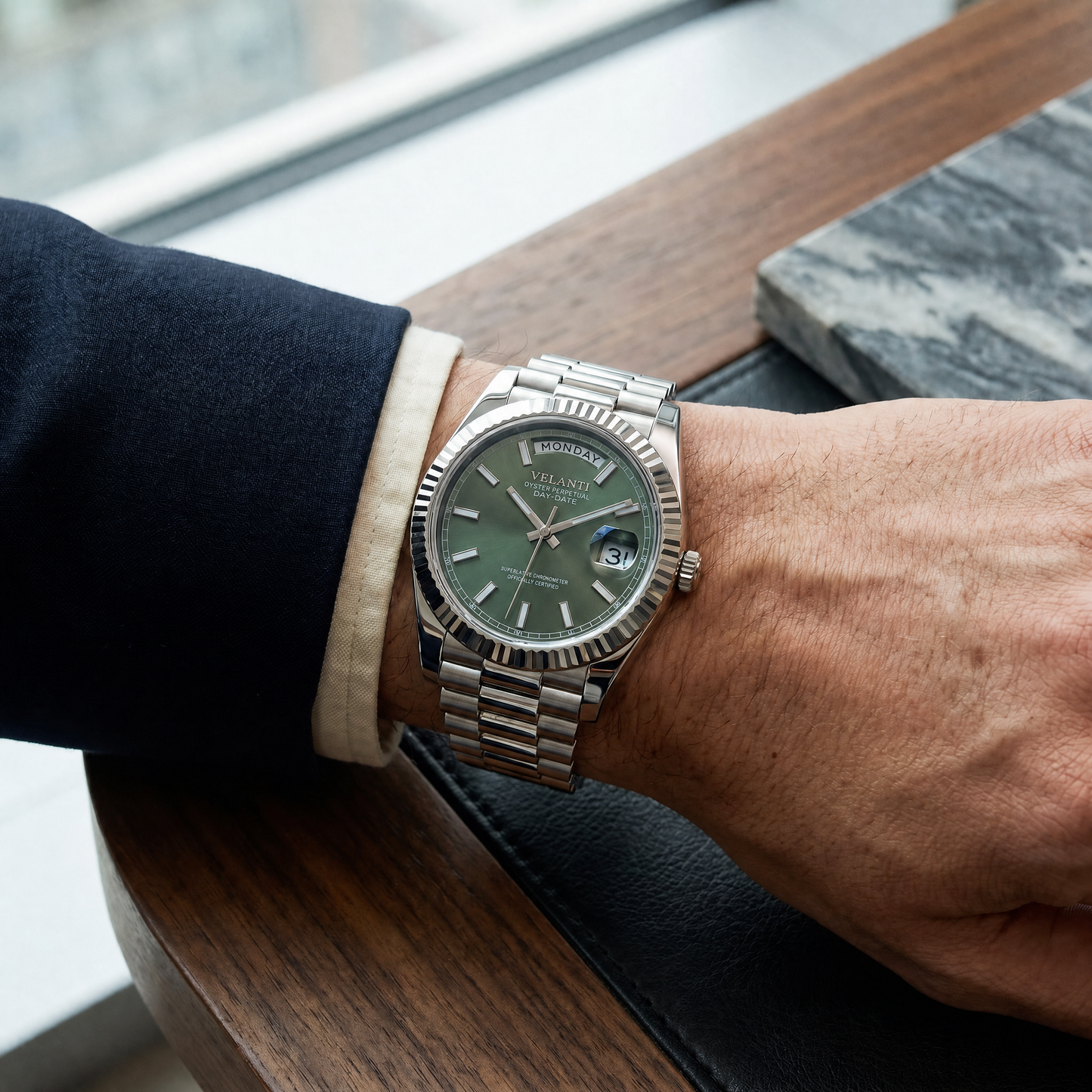 Datejust-style automatic watch, Velanti Milano Veljust Daydate Mint Green, on-wrist photo