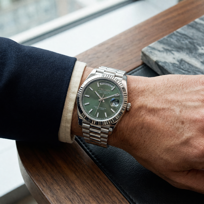 Datejust-style automatic watch, Velanti Milano Veljust Daydate Mint Green, on-wrist photo