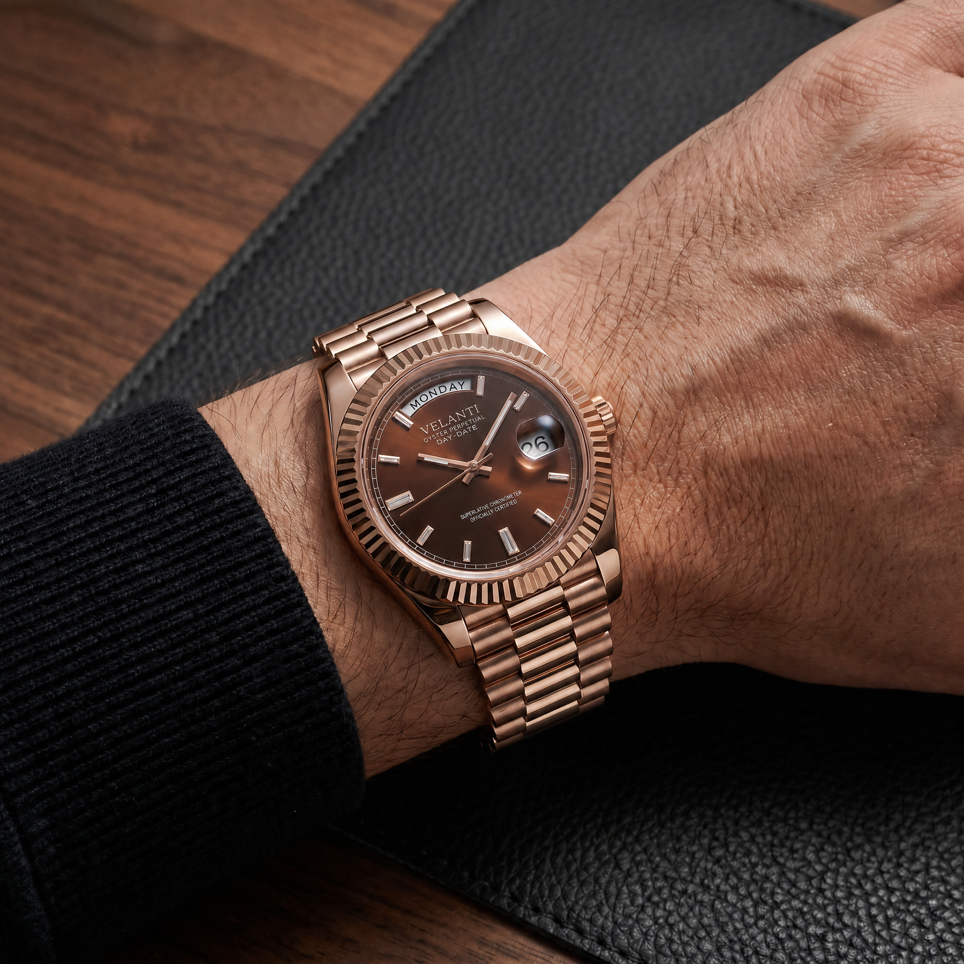 Datejust-style automatic watch, Velanti Milano Veljust Daydate Rose Gold Chocolate, on-wrist photo