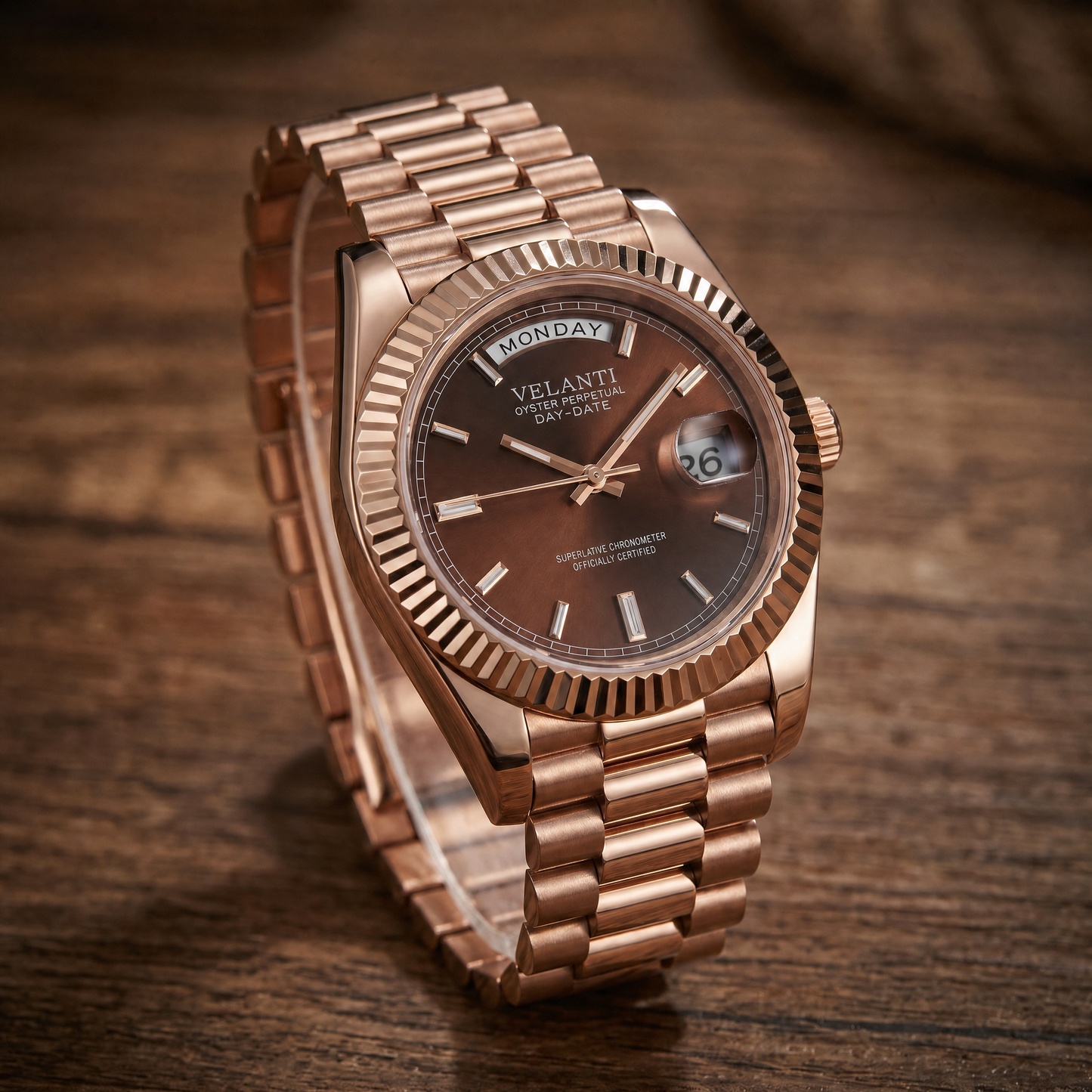Datejust-style custom automatic watch, Velanti Milano Veljust Daydate Rose Gold Chocolate, bracelet detail photo