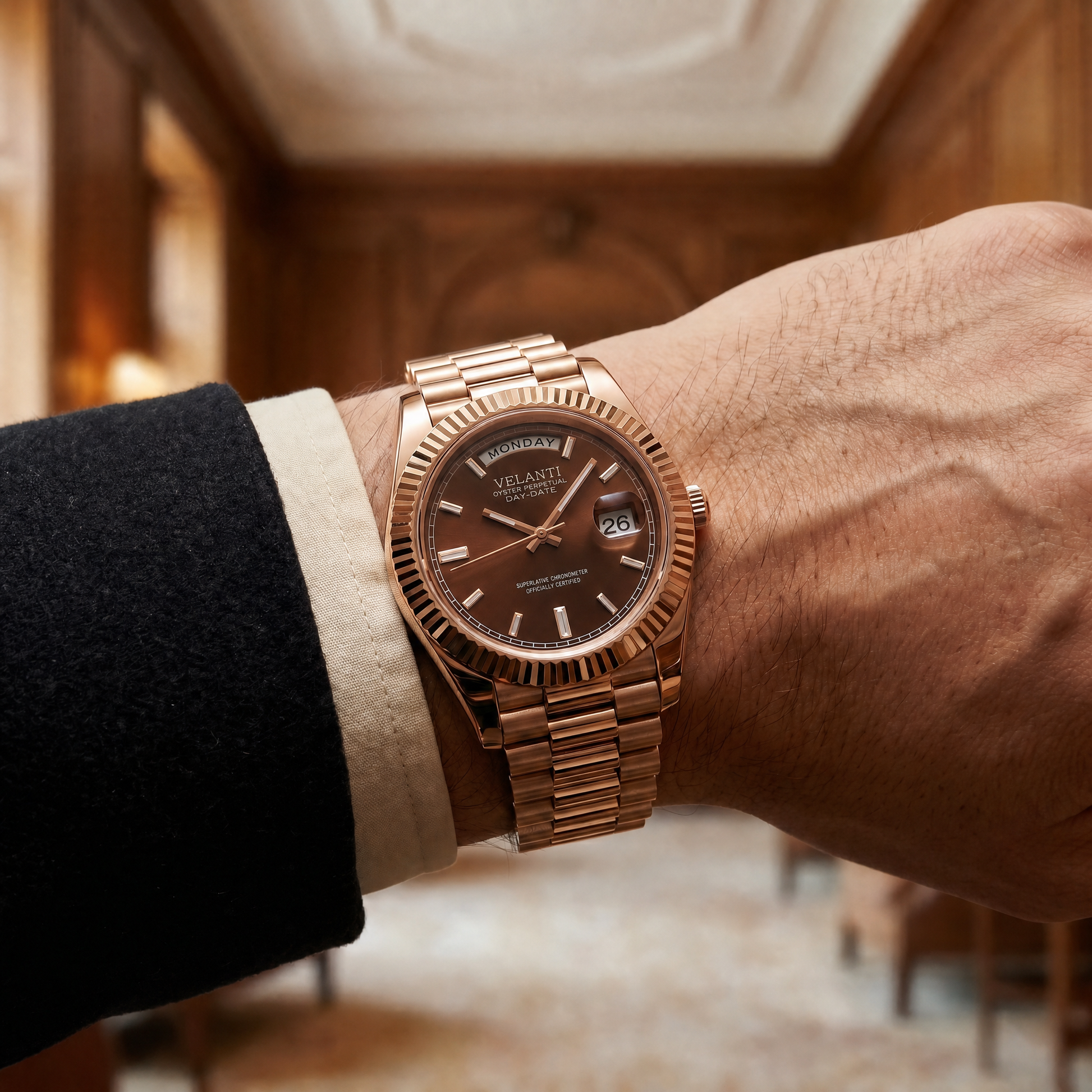 Datejust-style automatic watch, Velanti Milano Veljust Daydate Rose Gold Chocolate, product photo 8