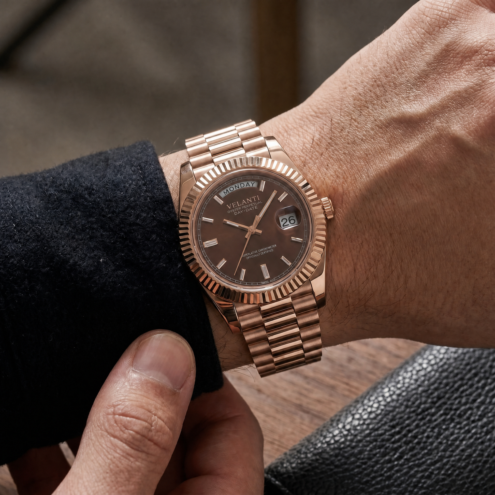 Datejust-style automatic watch, Velanti Milano Veljust Daydate Rose Gold Chocolate, on-wrist photo