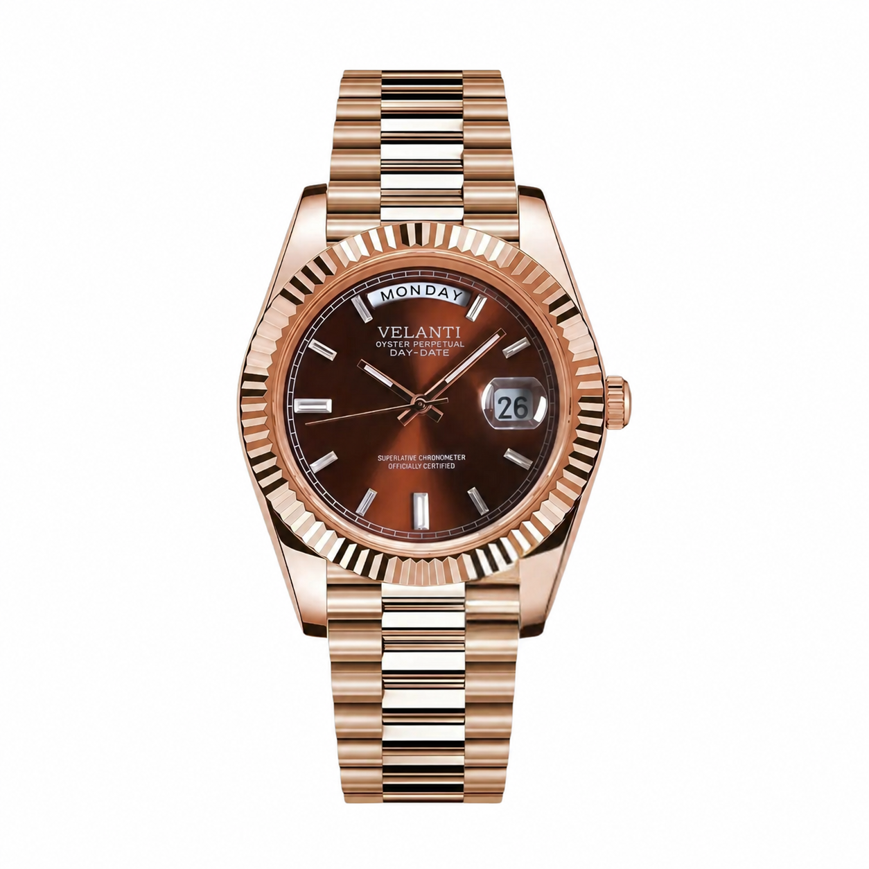 Datejust-style automatic watch, Velanti Milano Veljust Daydate Rose Gold Chocolate, main product photo