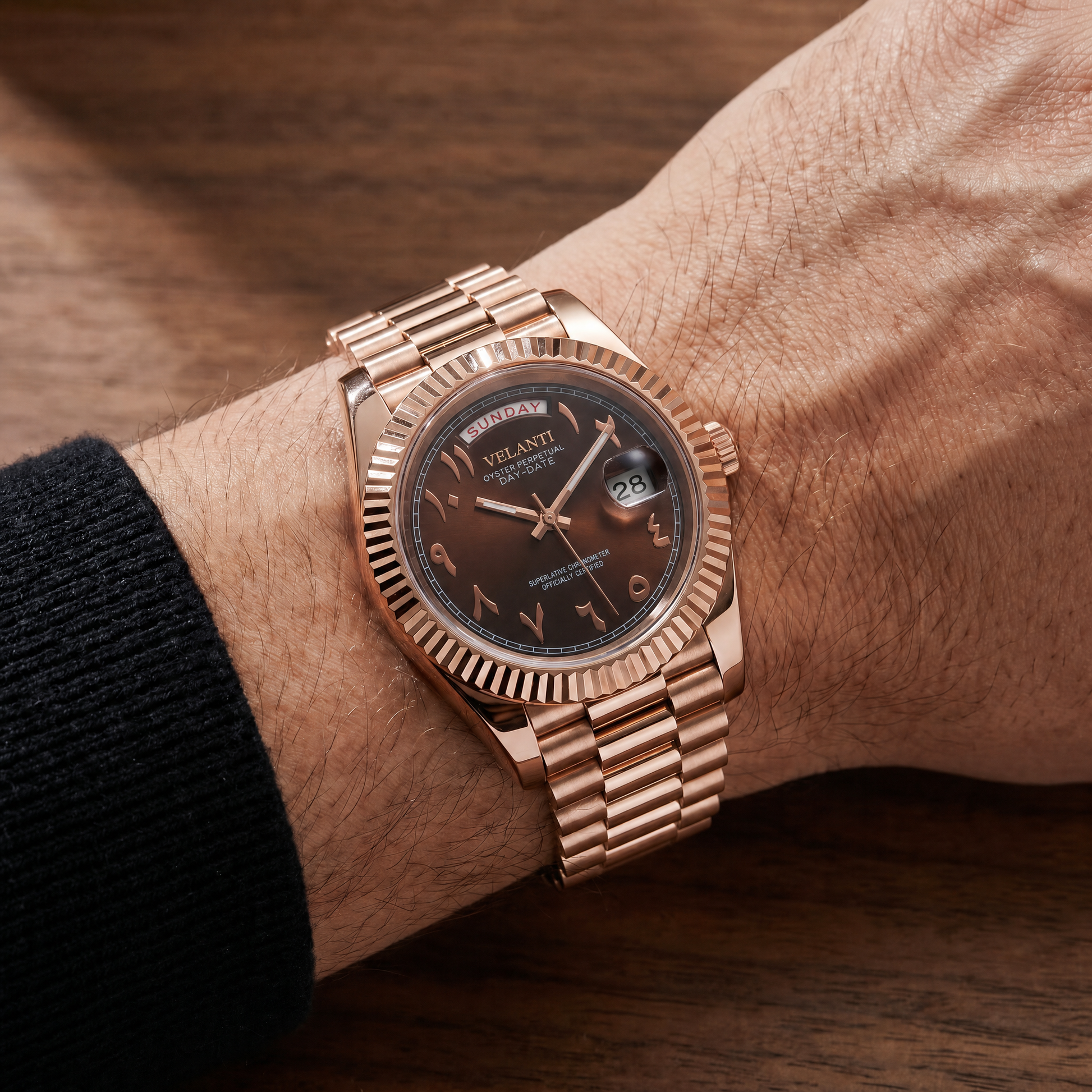 Datejust-style automatic watch, Velanti Milano Veljust Daydate Rose Gold - Chocolate Arabic, on-wrist photo