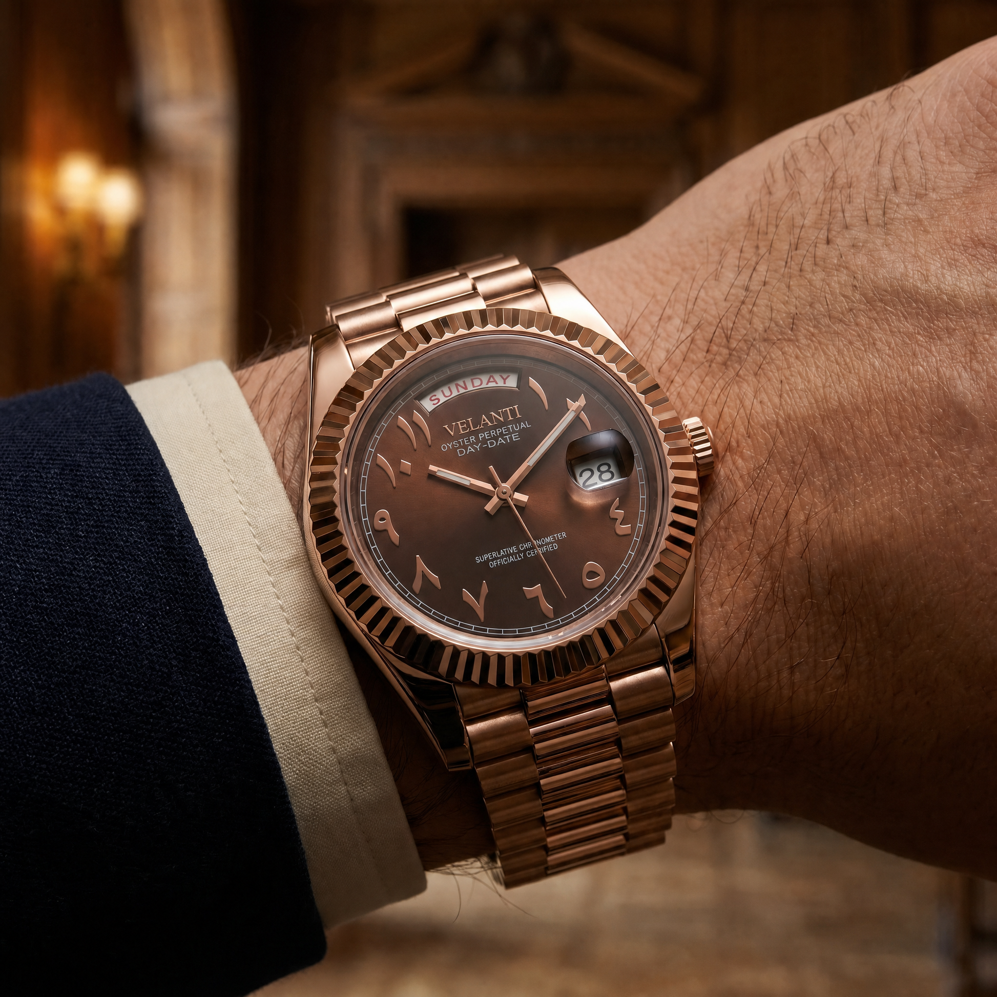 Datejust-style automatic watch, Velanti Milano Veljust Daydate Rose Gold - Chocolate Arabic, product photo 4