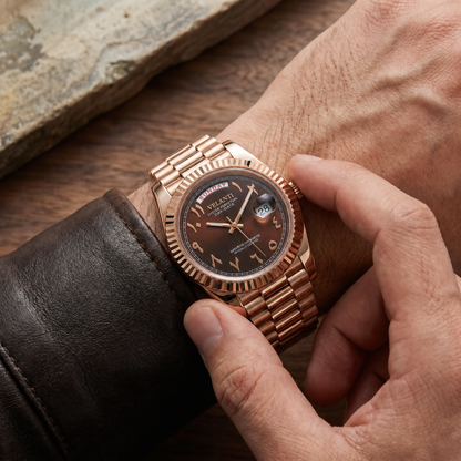 Datejust-style automatic watch, Velanti Milano Veljust Daydate Rose Gold - Chocolate Arabic, on-wrist photo