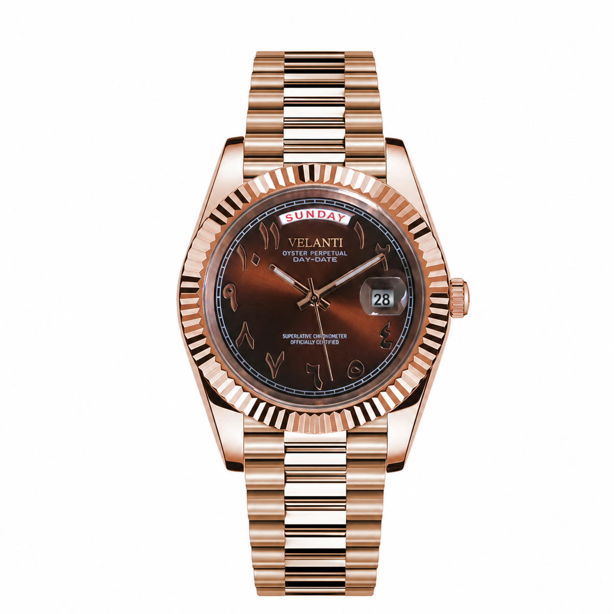 Datejust-style automatic watch, Velanti Milano Veljust Daydate Rose Gold - Chocolate Arabic, main product photo