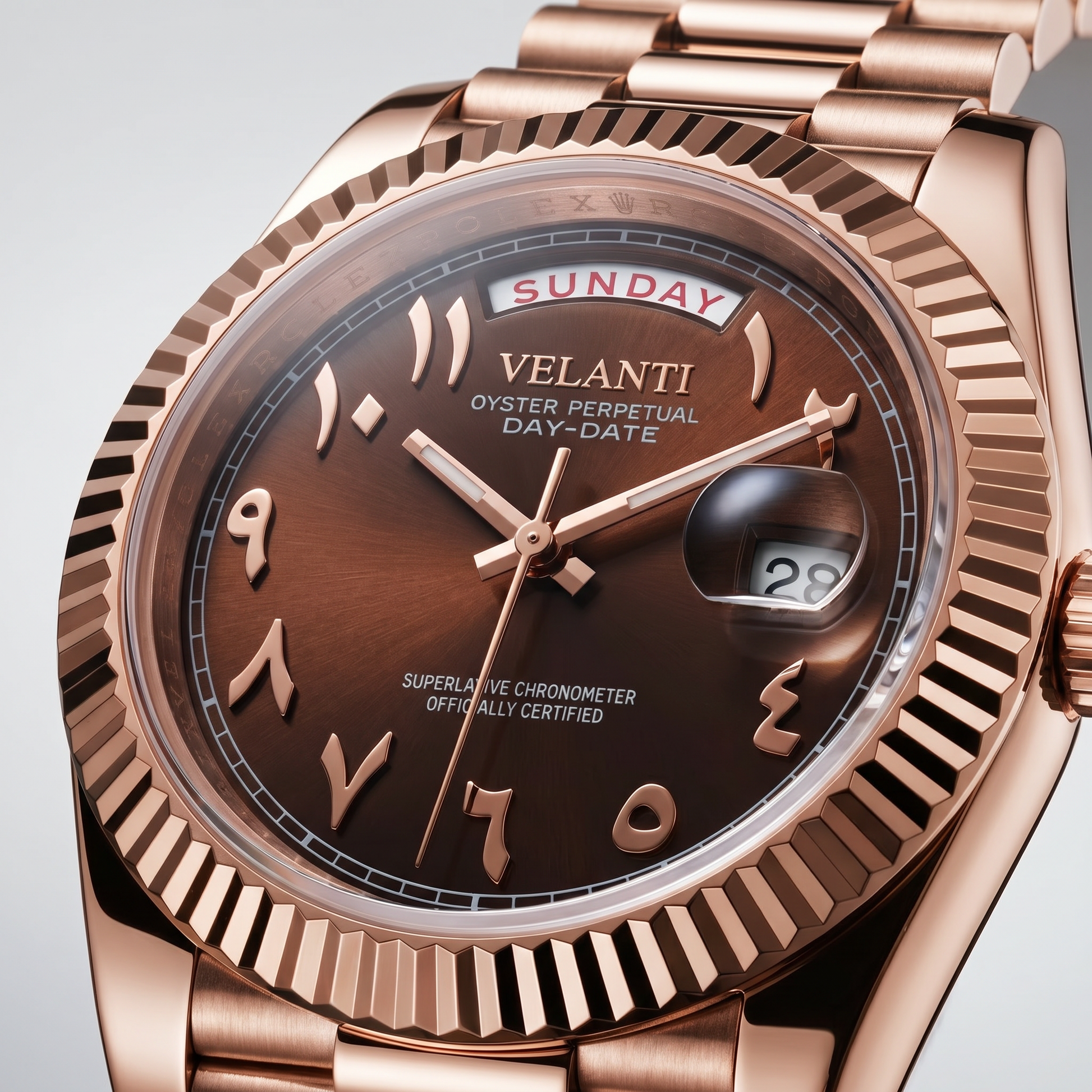 Datejust-style automatic watch, Velanti Milano Veljust Daydate Rose Gold - Chocolate Arabic, product photo 2