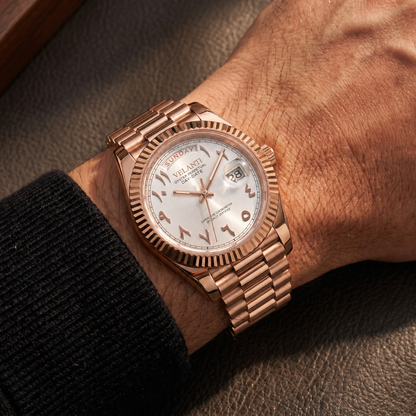 Datejust-style automatic watch, Velanti Milano Veljust Daydate Rose Gold - White Arabic, on-wrist photo