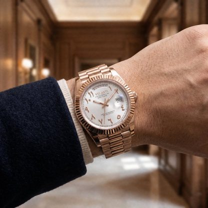 Datejust-style automatic watch, Velanti Milano Veljust Daydate Rose Gold - White Arabic, product photo 4