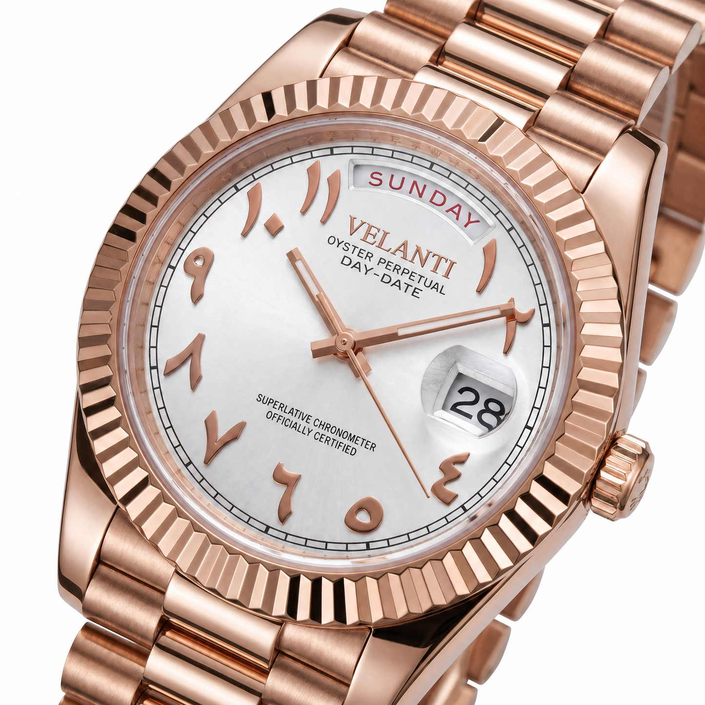 Datejust-style custom automatic watch, Velanti Milano Veljust Daydate Rose Gold White Arabic, watch detail photo