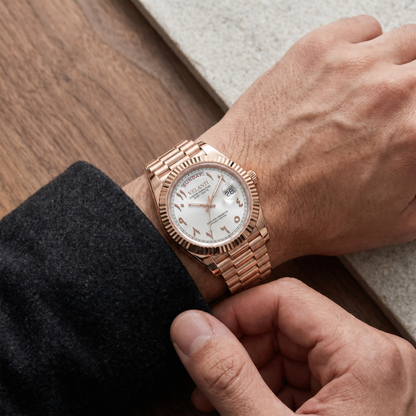 Datejust-style automatic watch, Velanti Milano Veljust Daydate Rose Gold - White Arabic, on-wrist photo